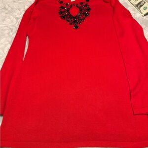 Red Long Sleeve Top with Black Necklace